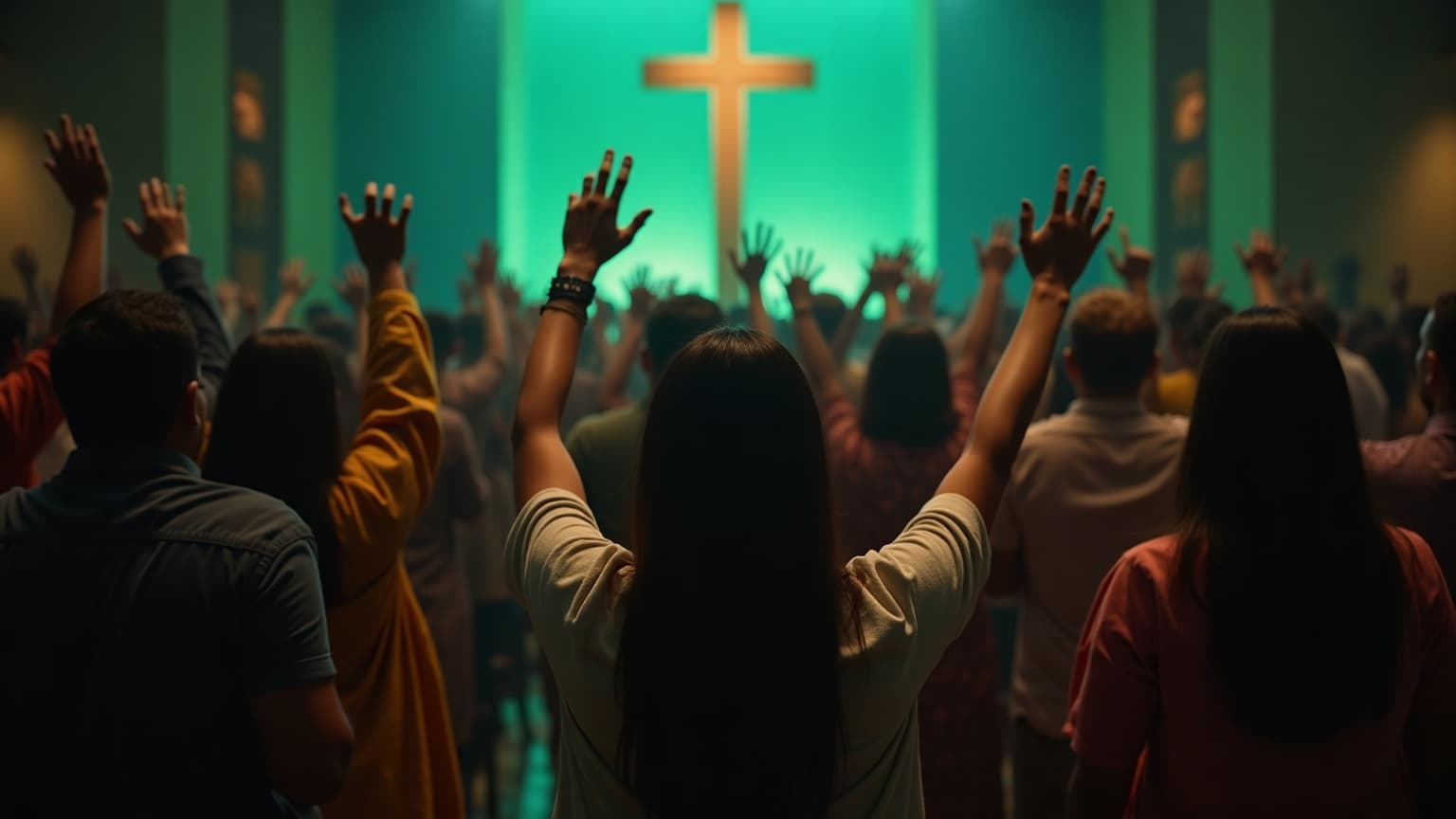 Indian Christian congregation worshiping together with hands raised toward a glowing cross