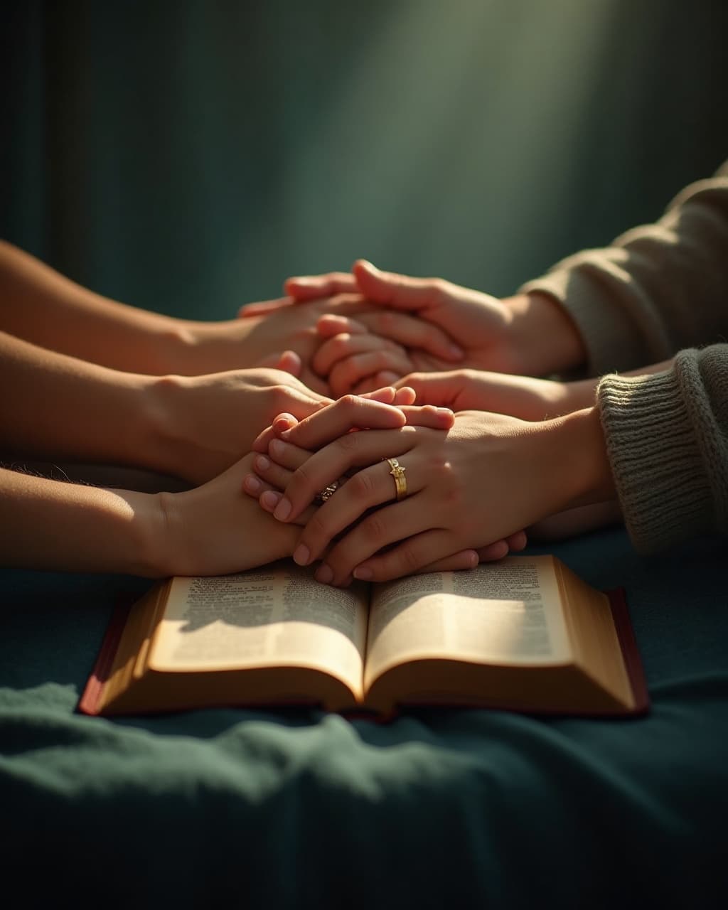 Diverse hands of different ages joined in prayer over an open Bible